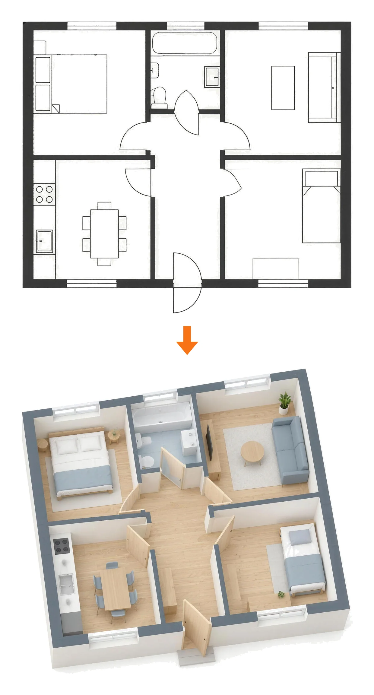 Links dezelfde plattegrond plat op papier, rechts dezelfde woning als bewerkbaar FloorPlanner-project in 3D.